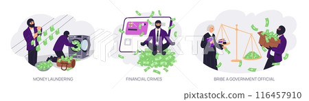 Financial crimes scenes. Corruption and money laundering. Bribing judge. Hacking passwords and credit cards. Breaking law. Theft and fraud. Counterfeit banknotes. Garish vector set 116457910