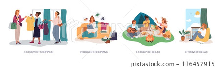 Introverted and extroverted people. Psychological types. Inward or outward orientation. Open and closed persons. Women shopping. Relaxing at home or travel with tent. Garish vector set 116457915