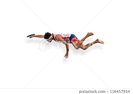 Determined and focused man, beach tennis player in uniform in motion, playing isolated on white background 116457934