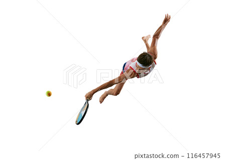 Sportive young man in sportswear, padel tennis player in motion, training, hitting ball with colorful racket isolated on white background Sportive young man in sportswear, padel tennis player in motion, training, hitting ball with colorful racket isolated on white background 116457945
