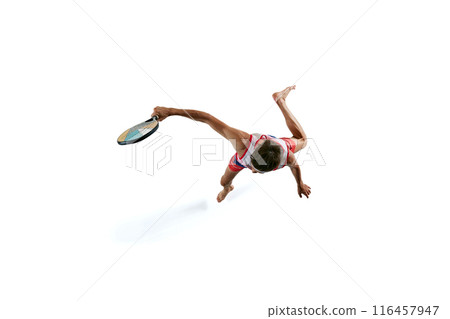 Dynamic isometric view of competitive young man in motion, playing beach tennis isolated on white background Dynamic isometric view of competitive young man in motion, playing beach tennis isolated on white background 116457947