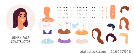Woman face constructor. Cartoon female character. Girl avatar creation. Choosing body parts. Facial generator kit. Beautiful hairstyles. Smile lips. Mouth and nose. Garish vector set 116457948