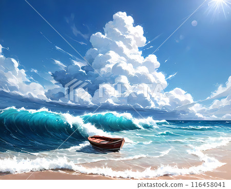 Summer waves and cumulonimbus clouds with a small boat 116458041
