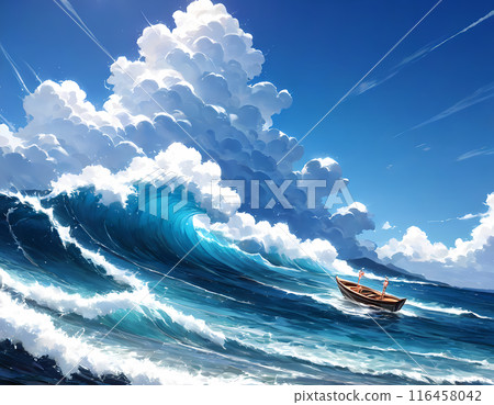 Summer waves and cumulonimbus clouds with a small boat 116458042