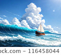 Summer waves and cumulonimbus clouds with a small boat 116458044