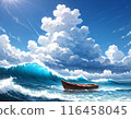 Summer waves and cumulonimbus clouds with a small boat 116458045