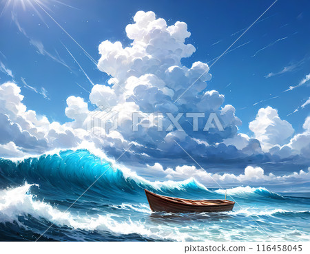 Summer waves and cumulonimbus clouds with a small boat 116458045