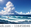 Summer waves and cumulonimbus clouds with a small boat 116458046