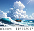 Summer waves and cumulonimbus clouds with a small boat 116458047