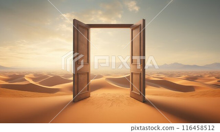 Mysterious Opened Door Standing Alone in the Desert. Generative ai 116458512