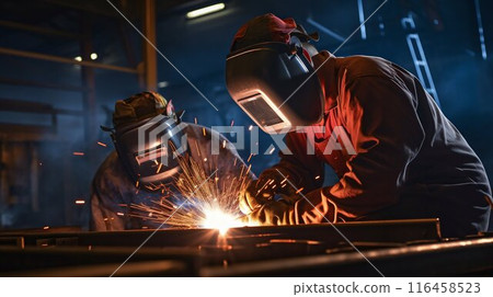 Skilled Welders at Work: Joining Metal in an Industrial Plant. Generative ai 116458523