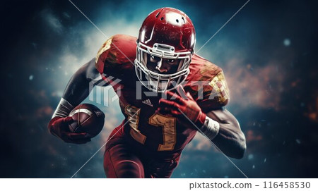 Dynamic American Football Player in Action with Ball and Helmet. Generative ai Dynamic American Football Player in Action with Ball and Helmet. Generative ai 116458530
