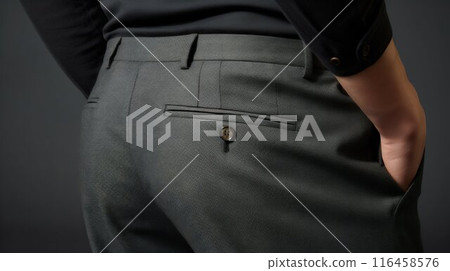 Man Wearing Woven Classic Trousers with Hand Resting on His Pants. Generative ai Man Wearing Woven Classic Trousers with Hand Resting on His Pants. Generative ai 116458576