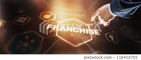 Businessman presenting Franchise. Mixed Media Background Businessman presenting Franchise. Mixed Media Background 116458705
