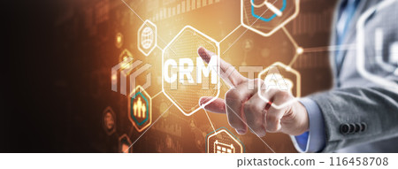 Customer relationship management system concept. Businessman touching finger CRM 116458708