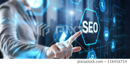 Businessman's fingers pressing a button SEO. Search engine optimization Businessman's fingers pressing a button SEO. Search engine optimization 116458714