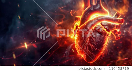 Fiery Human Heart with Vivid Flames. Generative ai 116458719