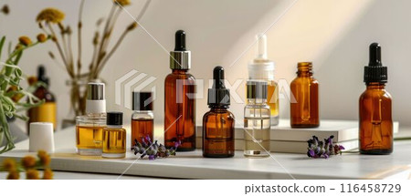 Aromatherapy Essential Oils with Fresh Lavender and Flowers. Generative ai 116458729