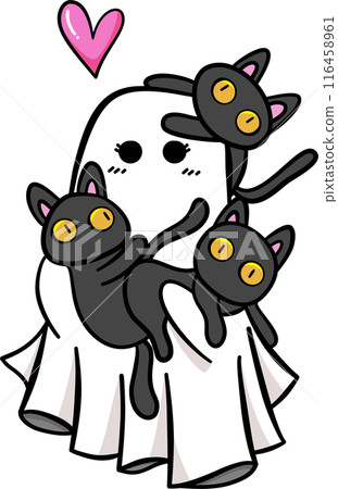 Cute Cartoon ghost with his cats in Halloween illustration Cute Cartoon ghost with his cats in Halloween illustration 116458961