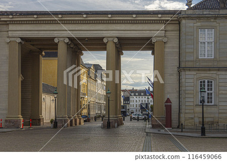 Entrance to the Amalienborg palace complex in the city of Copenhagen. Denmark Entrance to the Amalienborg palace complex in the city of Copenhagen. Denmark 116459066