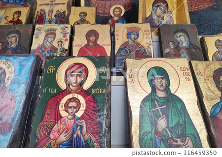 Religious icons for sale on a market stall in Larnaca 116459350