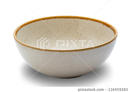 Closeup view of empty brown ceramic bowl with dark brown edge. Closeup view of empty brown ceramic bowl with dark brown edge. 116459383