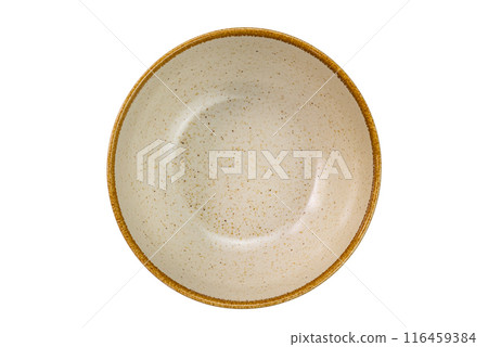 Top view of empty brown ceramic bowl with dark brown edge. Top view of empty brown ceramic bowl with dark brown edge. 116459384