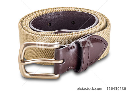 Closeup view of single men's metal buckle stretch braided belt. Closeup view of single men's metal buckle stretch braided belt. 116459386