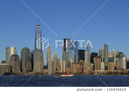 The evolving Downtown Manhattan skyline at sunset, panoramic view from Liberty State Park 116459424