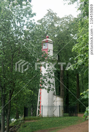 old lighthouse on the seashore among the trees old lighthouse on the seashore among the trees 116459869