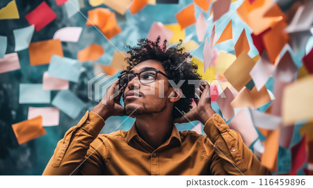 A creative person stands at the office, deeply thinking about schedule planning and strategy. The concept of innovation, organization, and effective business planning. Generative AI.  116459896