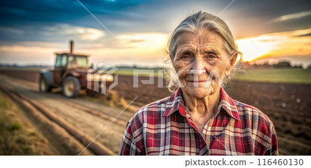 A portrait of an old woman farmer in the field. Generative ai. 116460130