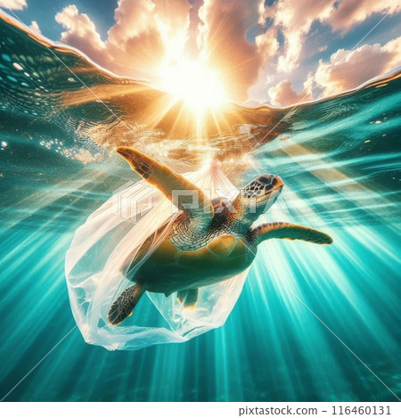 Pollution of the ocean. A turtle swimming with a bag. Generative ai. 116460131