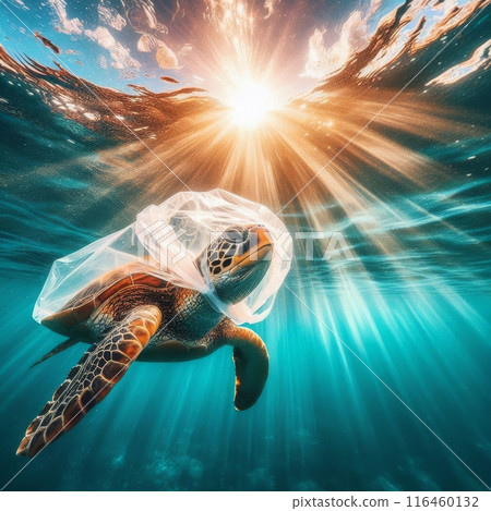 Pollution of the ocean. A turtle swimming with a bag. Generative ai. 116460132