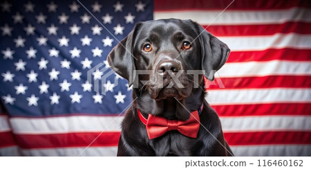 A black labrador retriever with an American flag in background. Generative ai. 116460162
