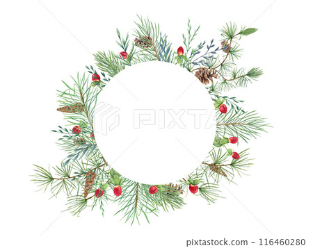Christmas holiday wreath with pine cones, berries, herbs, evergreen branches. Spruce, Larch, cone and St Johns wort herb. Watercolor illustration isolated on white. For greeting cards, invitations Christmas holiday wreath with pine cones, berries, herbs, evergreen branches. Spruce, Larch, cone and St Johns wort herb. Watercolor illustration isolated on white. For greeting cards, invitations 116460280