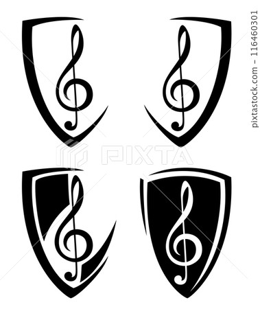 musical treble clef and heraldic shield black and white vector design set musical treble clef and heraldic shield black and white vector design set 116460301