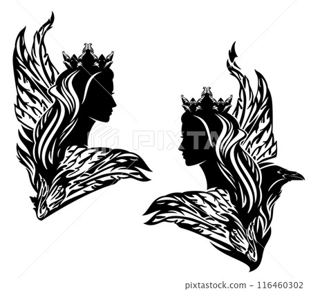 black vector silhouette head portrait of fairy tale princess with her magic raven bird and wings 116460302