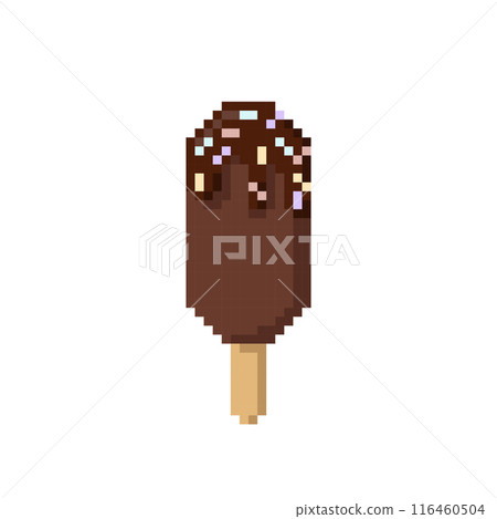 Chocolate ice-cream Popsicle with colorful sugar flat icon vector. Pixel 8bit style 116460504