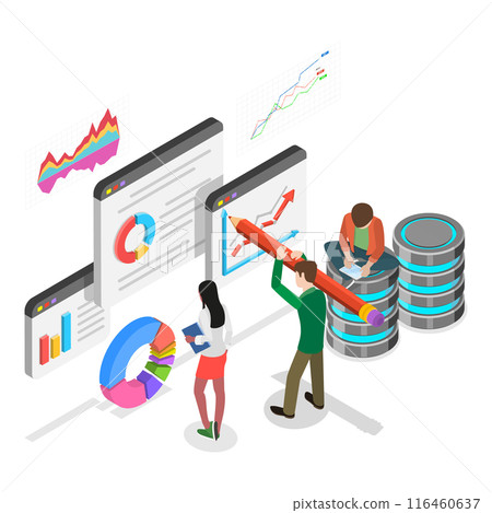 3D Isometric Flat Vector Illustration of Big Financial Data, Statistical Report Chart. Item 3 3D Isometric Flat Vector Illustration of Big Financial Data, Statistical Report Chart. Item 3 116460637