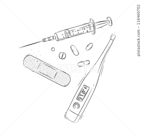 Syringe and thermometer composition in graphic style 116460702
