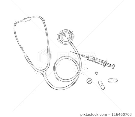 Stethoscope and syringe composition in graphic style 116460703
