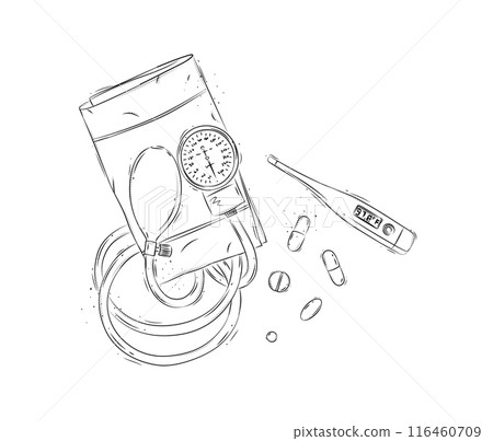 Pressure measurement tool and thermometer composition in graphic style Pressure measurement tool and thermometer composition in graphic style 116460709