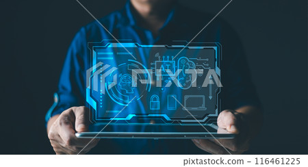 man use cloud computing system diagram show on hand.Data storage.Digital technology network service business in wireless storage concept. Implementing storage technology support in business. man use cloud computing system diagram show on hand.Data storage.Digital technology network service business in wireless storage concept. Implementing storage technology support in business. 116461225