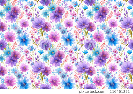 紫色和藍色宇宙花卉插畫，無縫圖案背景 116461251
