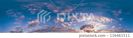 Sunset sky with bright glowing pink Cirrus clouds. Seamless spherical HDR 360 panorama. Full zenith or sky dome in 3D, sky replacement for aerial drone panoramas. Climate and weather change. Sunset sky with bright glowing pink Cirrus clouds. Seamless spherical HDR 360 panorama. Full zenith or sky dome in 3D, sky replacement for aerial drone panoramas. Climate and weather change. 116461511
