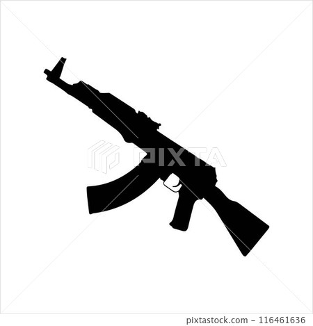 Ak 47 vector silhouette isolated on white background. Ak 47 icon illustration design. Ak 47 vector silhouette isolated on white background. Ak 47 icon illustration design. 116461636