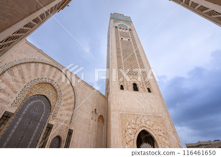 The majestic minaret of the Hassan II Mosque in Casablanca. Morocco. The majestic minaret of the Hassan II Mosque in Casablanca. Morocco. 116461650