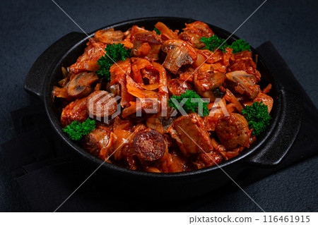 Bigos, bigus is a national Polish dish, made of cabbage and meat, stewed, homemade, no people, 116461915