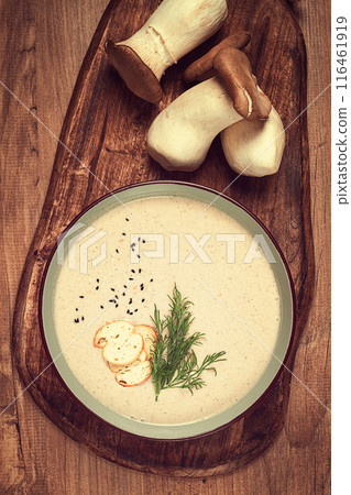 mushroom cream soup, with dill and bruschetta, mushroom eringi, 116461919